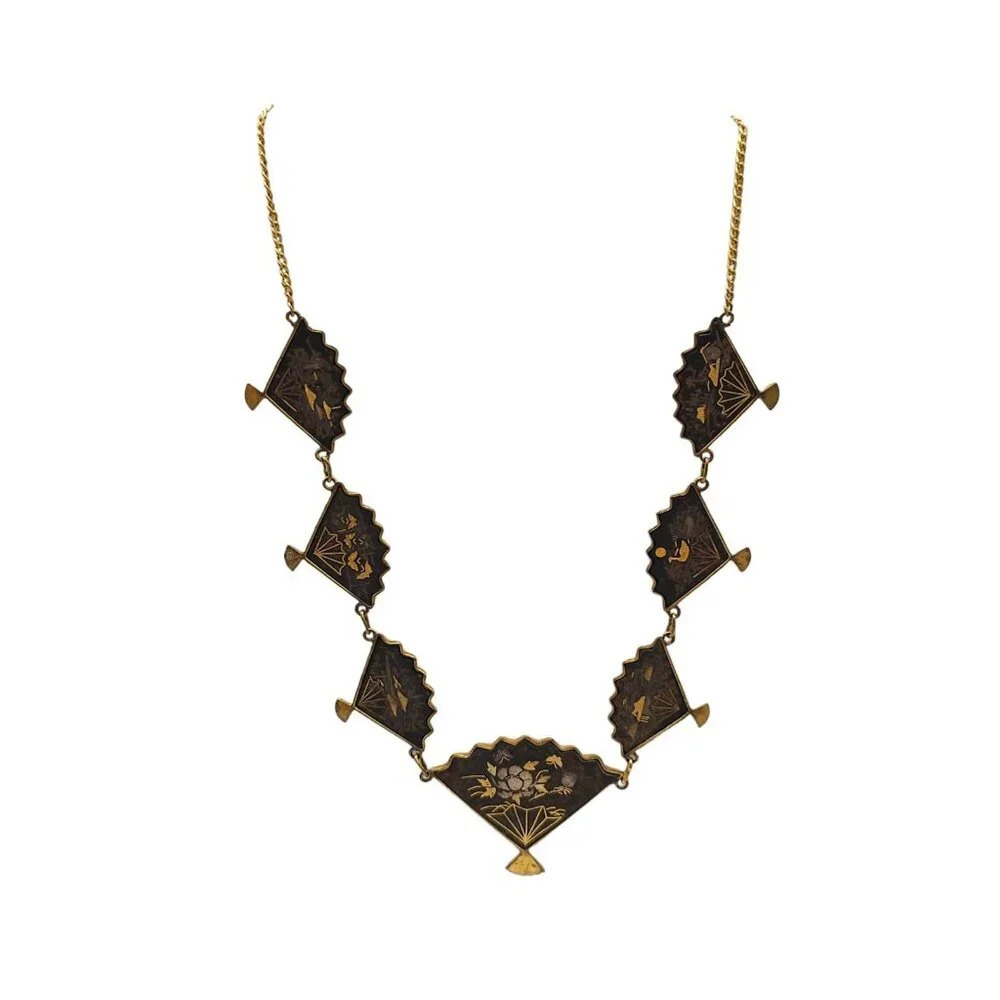 Amita Vintage Damascene Japanese Fan Gold Inlaid Fan Necklace Gold Tone Vintage